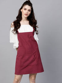 SASSAFRAS Women Maroon Solid Corduroy Pinafore Dress