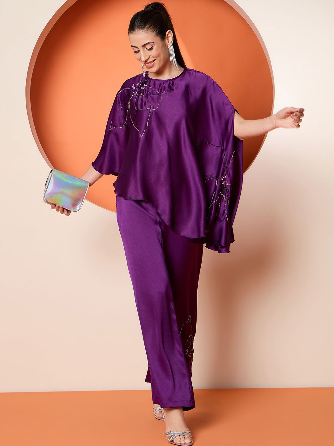 Antheaa Embellished Satin Top With Trousers Co-Ords