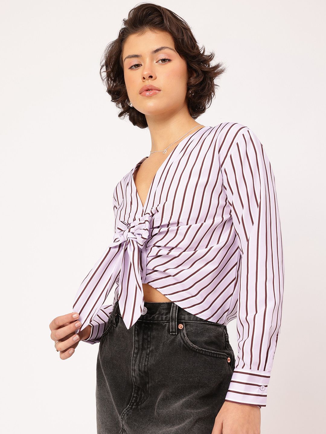 DressBerry Bow Bliss Striped Shirt Style Top