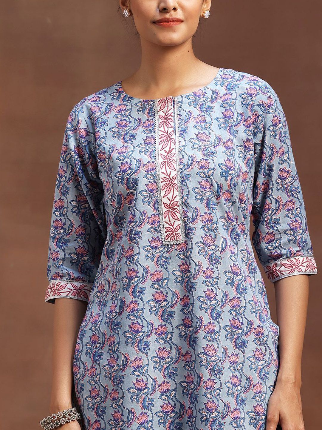 Libas Floral Printed Gotta Patti Pure Cotton Straight Kurta with Trousers & Dupatta