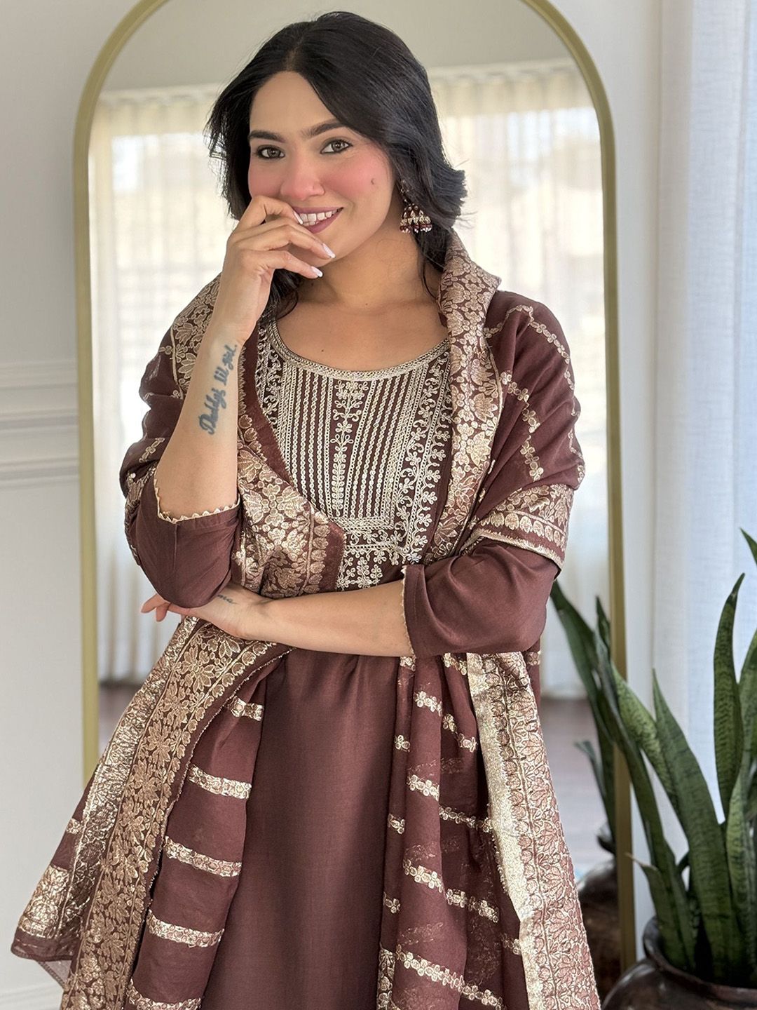 KALINI Ethnic Motifs Yoke Design Pure Silk Straight Kurta With Trousers & Dupatta