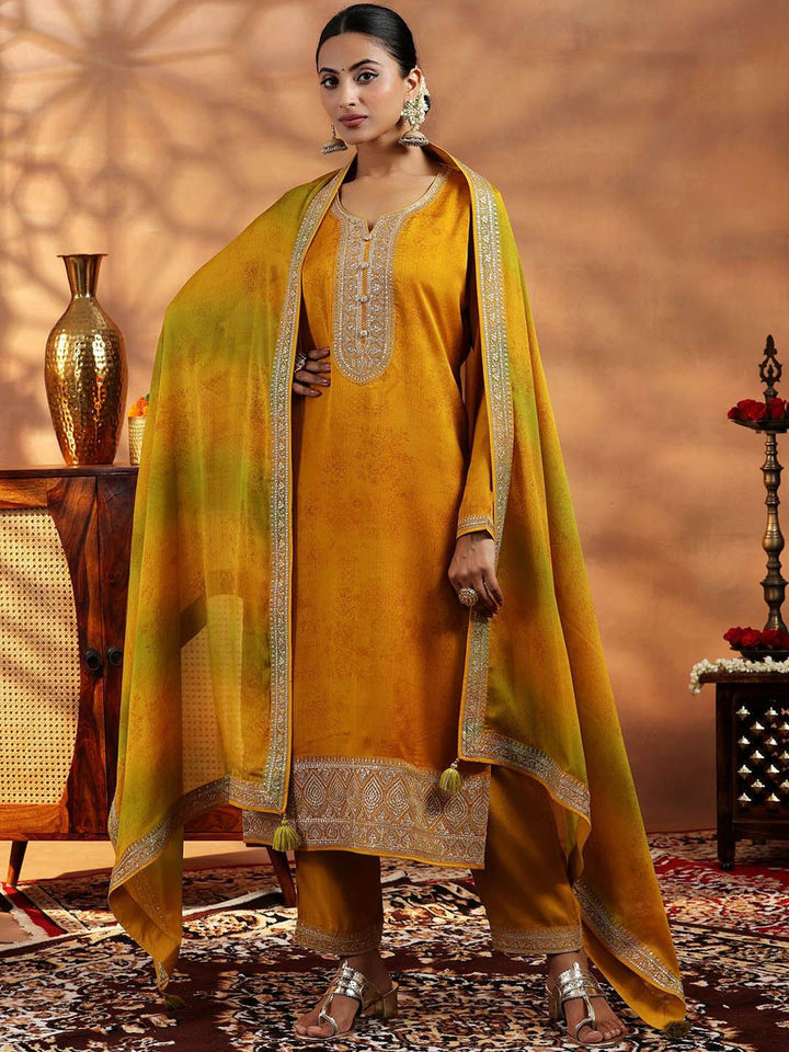 Libas Floral Embroidered Sequinned Straight Kurta With Trousers & Dupatta