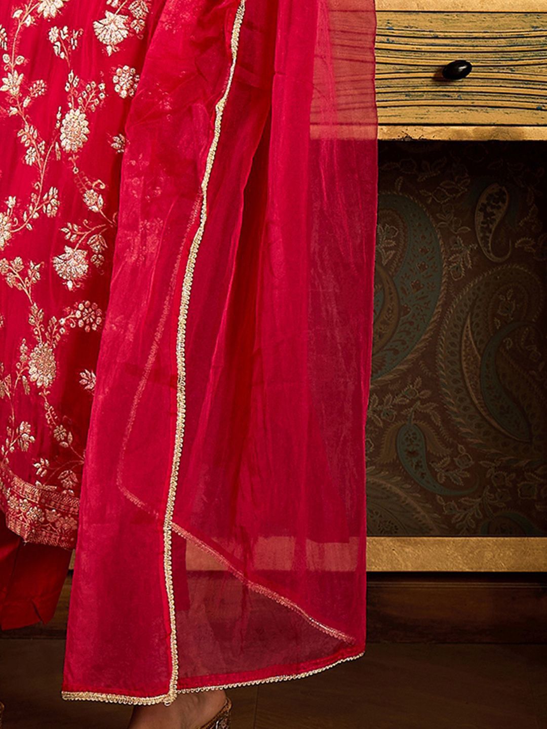 Indo Era Floral Zari Embroidered Straight Kurta with Trouser & Dupatta