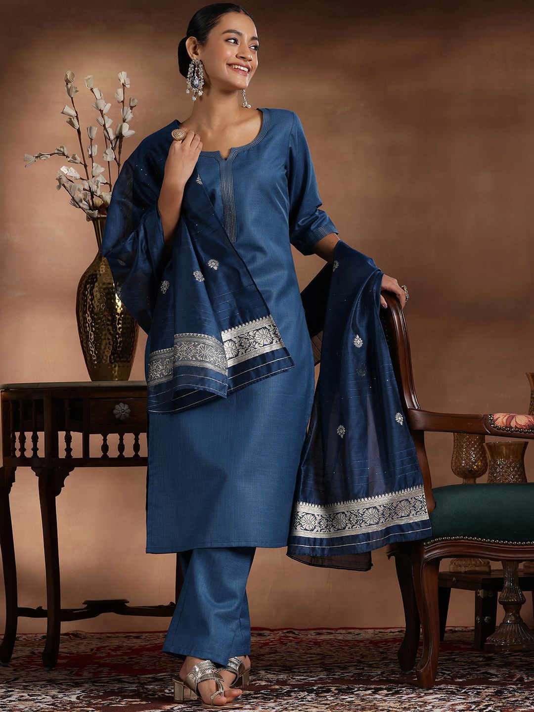 Libas Sequinned Straight Kurta With Trousers & Dupatta