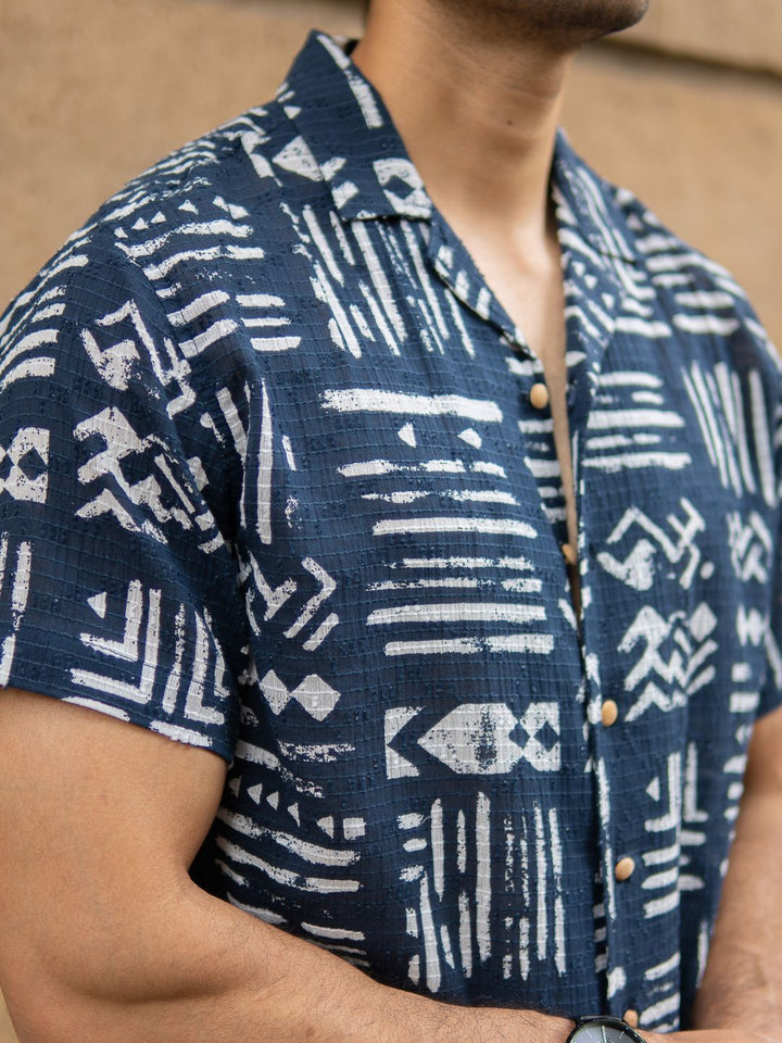 Powerlook Abstract Aztec Printed Cuban Collar Cotton Shirt