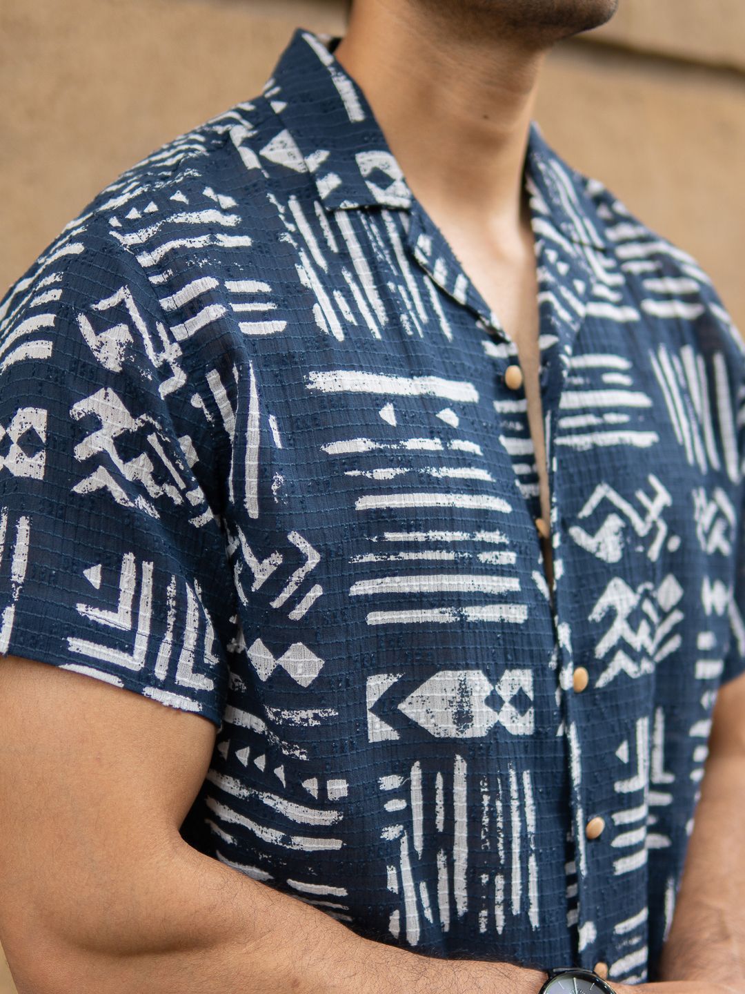 Powerlook Abstract Aztec Printed Cuban Collar Cotton Shirt