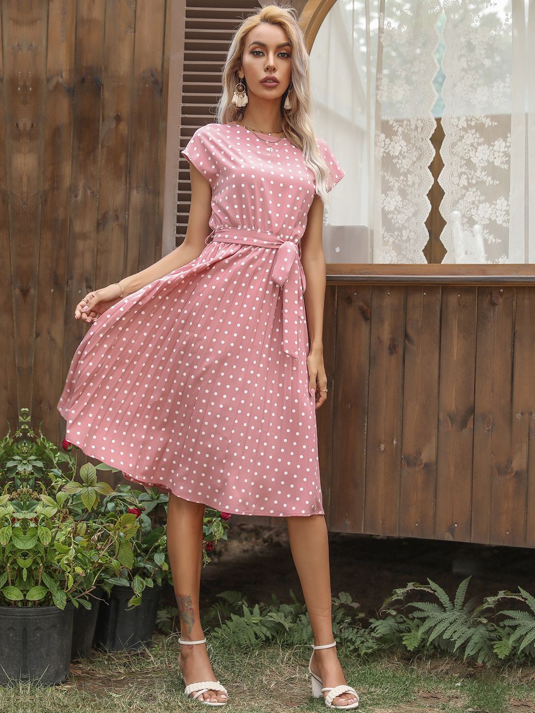 DressBerry Polka Dot Print A-Line Dress with Belt