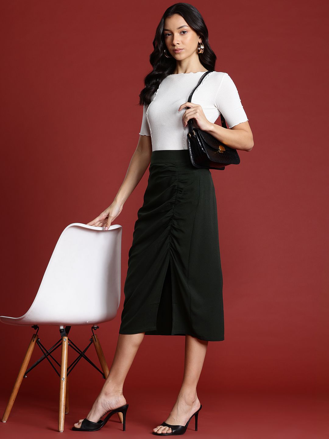 all about you Ruched High Waist Straight Midi Skirt