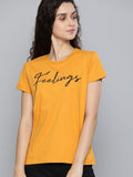 DILLINGER Women Mustard Yellow Printed Round Neck Regular Fit Pure Cotton T-shirt