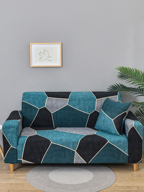 Story@home Blue & Black Printed 3 Seater Stretchable Sofa Cover With Arms