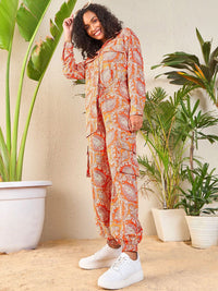 SASSAFRAS Orange Paisley Printed Shirt With Joggers Co-Ords