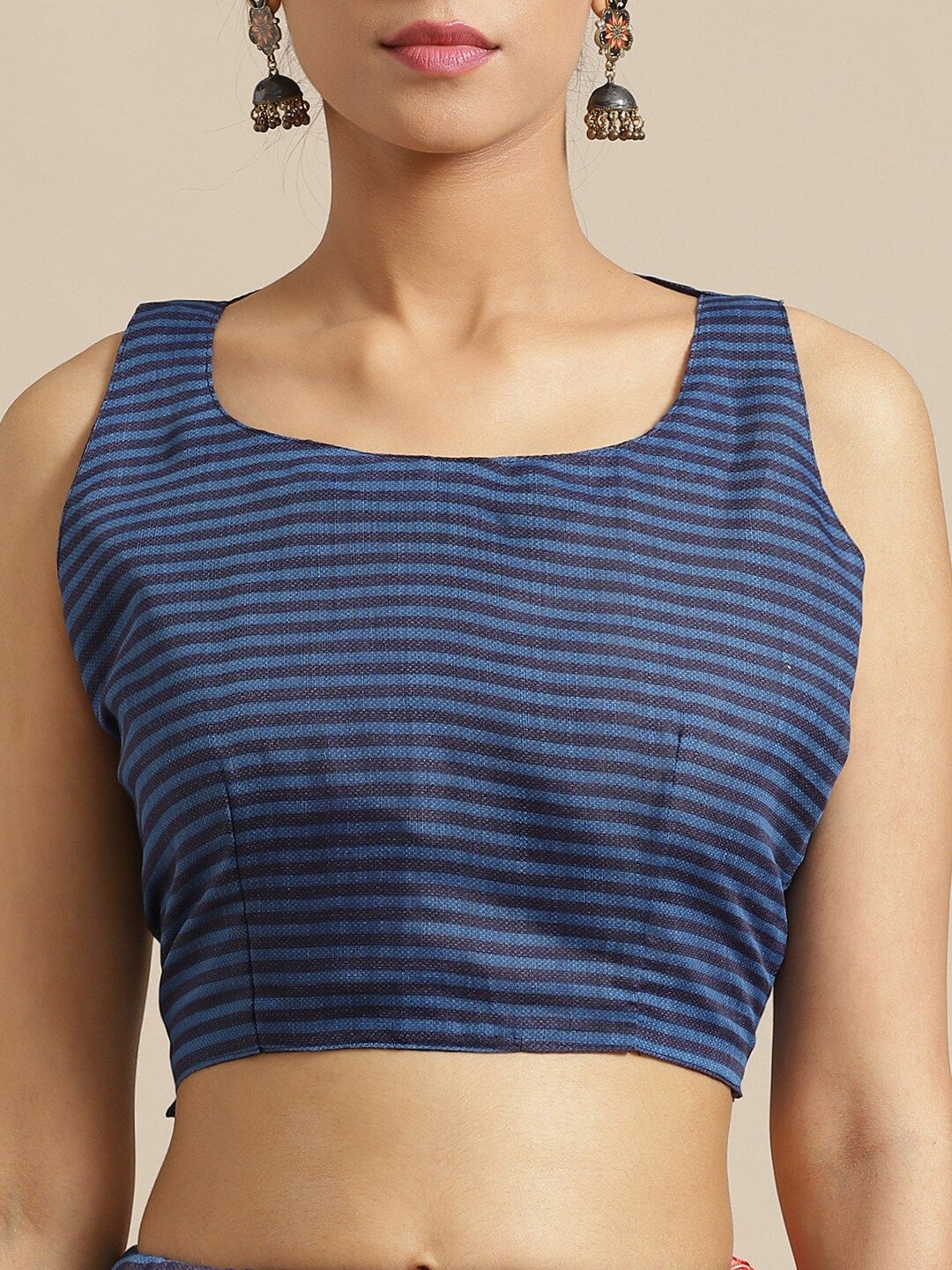 Saree mall Blue & Red Striped Silk Cotton Sarees