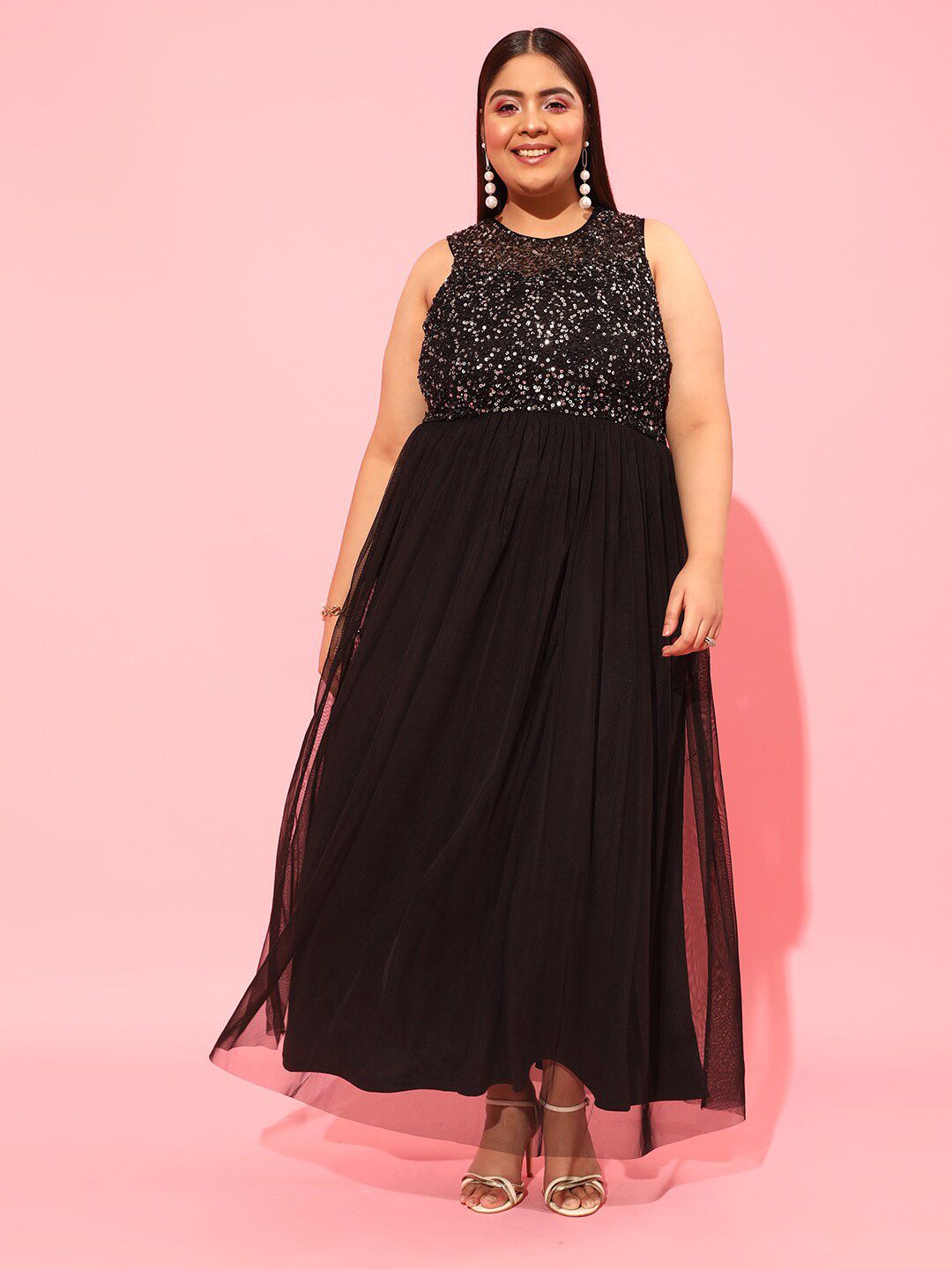 CURVY STREET Black Plus Size Embellished Net Maxi Dress