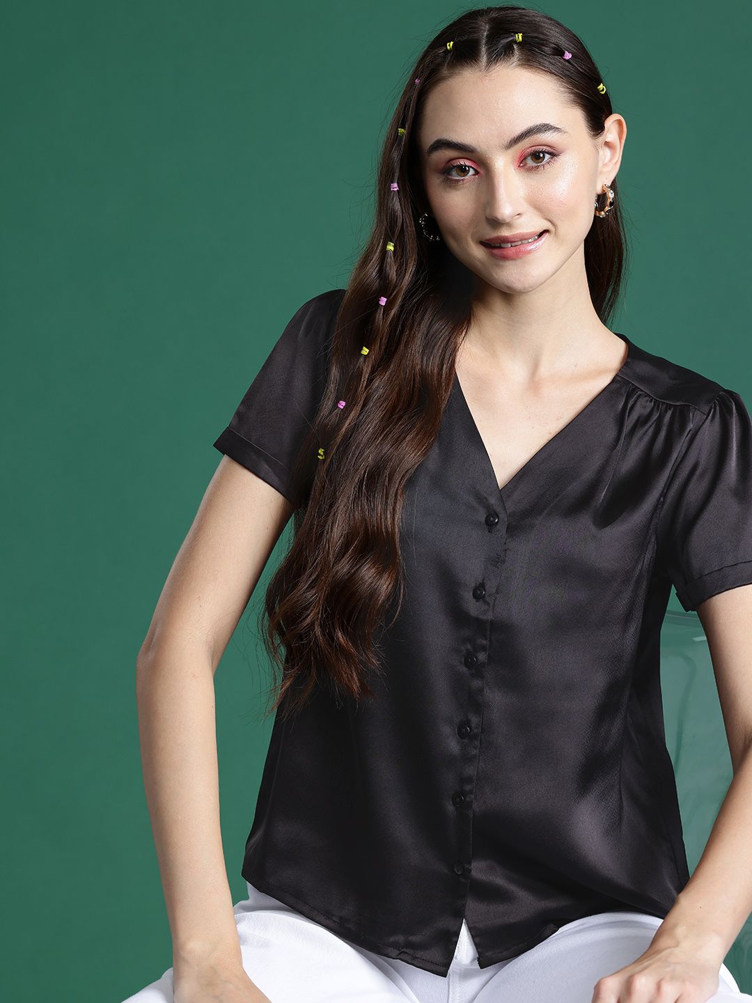 DressBerry Satin-Finish V-Neck Shirt Style Top