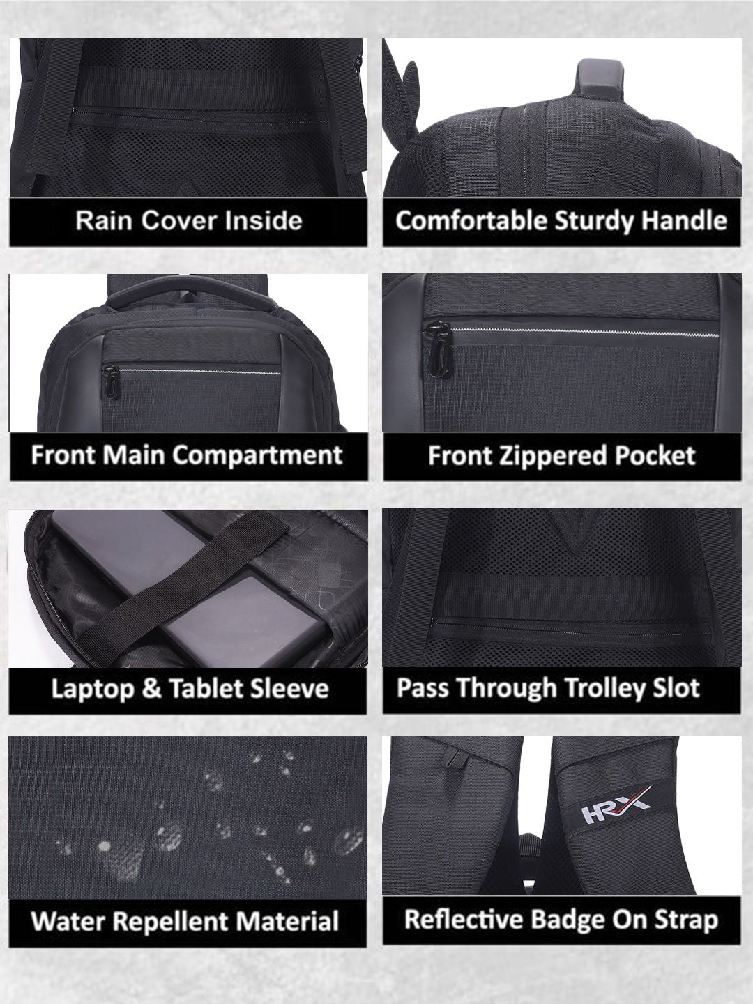 HRX by Hrithik Roshan Unisex Black Backpack with Rain Cover & Reflective Strip