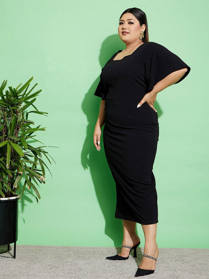 SASSAFRAS Curve Plus Size Square Neck Flutter Sleeves Bodycon Midi Dress