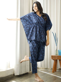 SANSKRUTIHOMES Women Navy Blue Printed Pure Cotton Night suit
