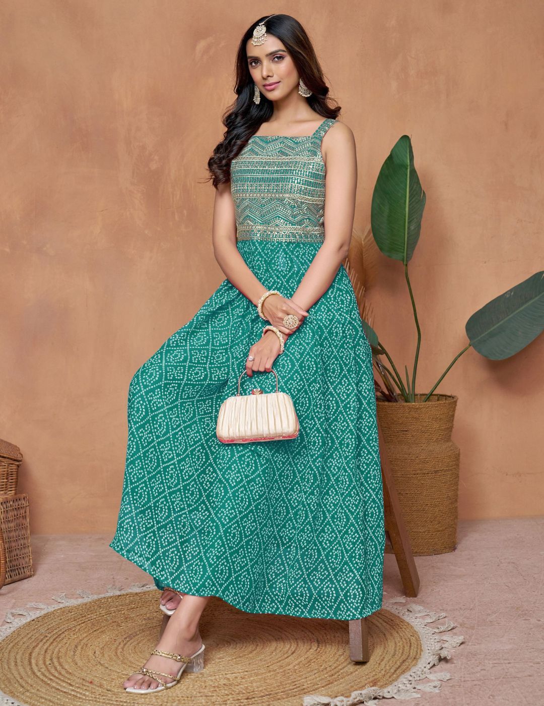 KALINI Georgette Bandhani Printed Square Neck Zari Work Embroidery Anarkali Kurta