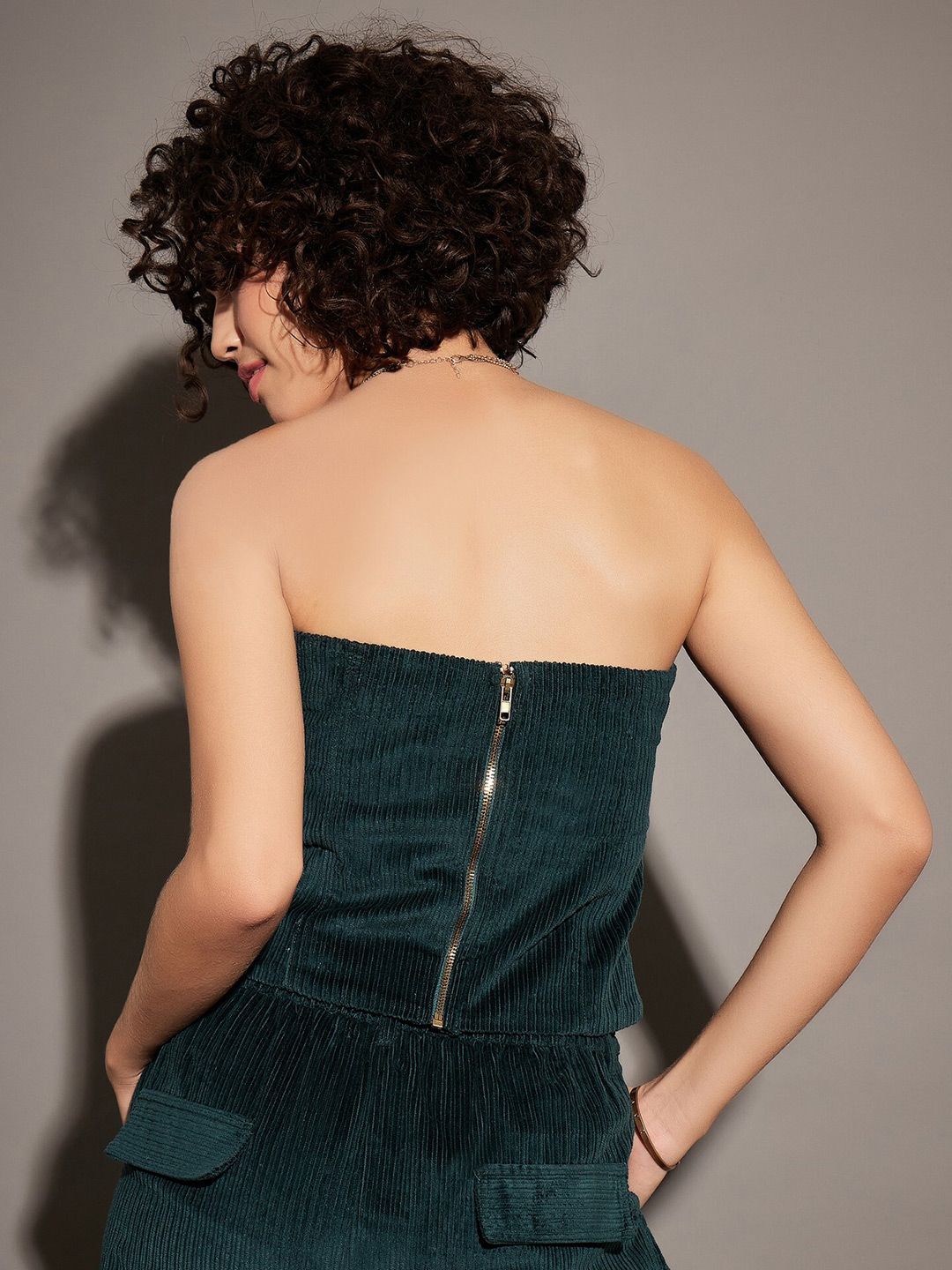 SASSAFRAS Green Strapless Corduroy Tube Top