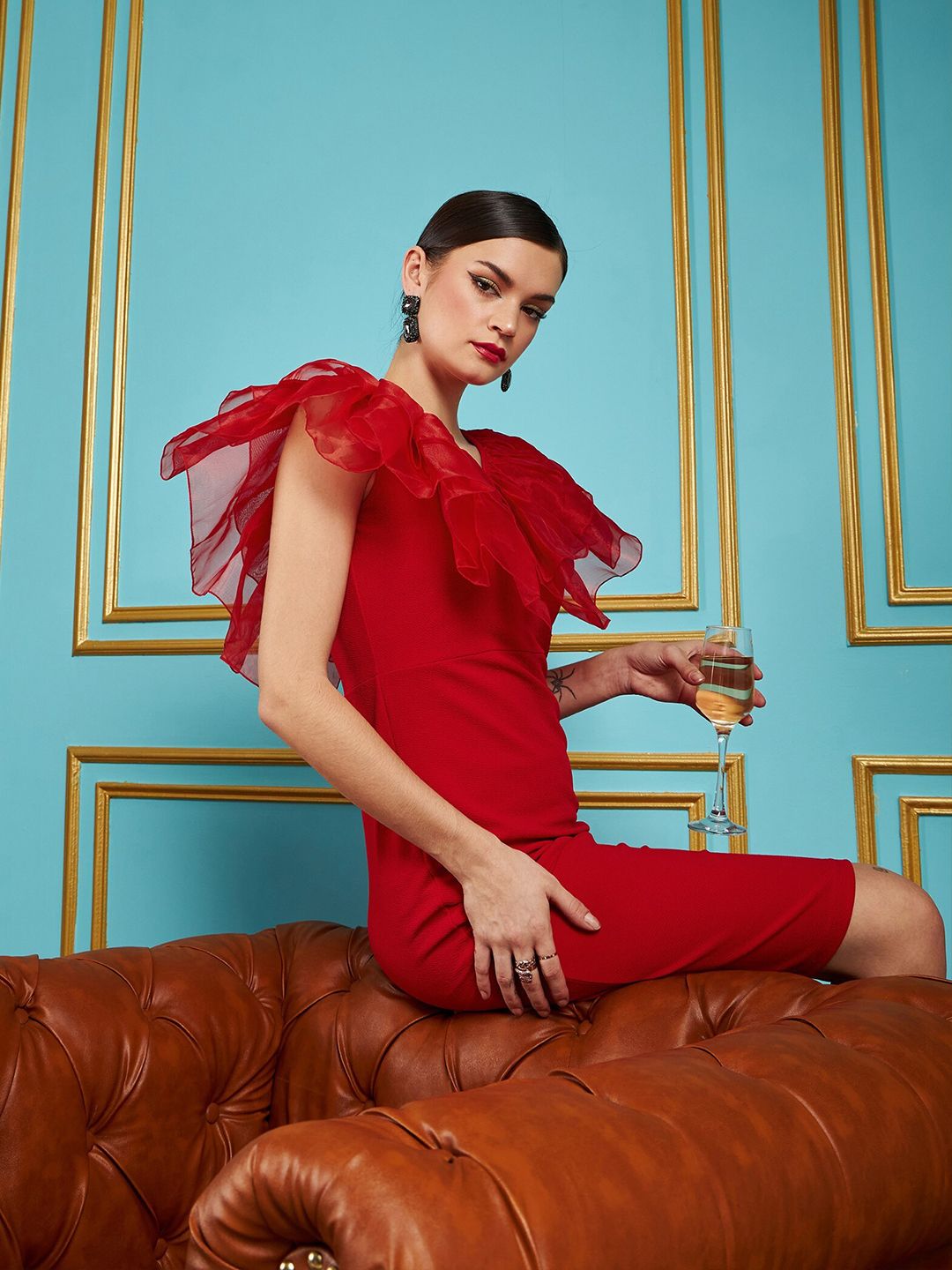 SASSAFRAS Red V-Neck Flutter Sleeve Ruffles Detail Sheath Dress