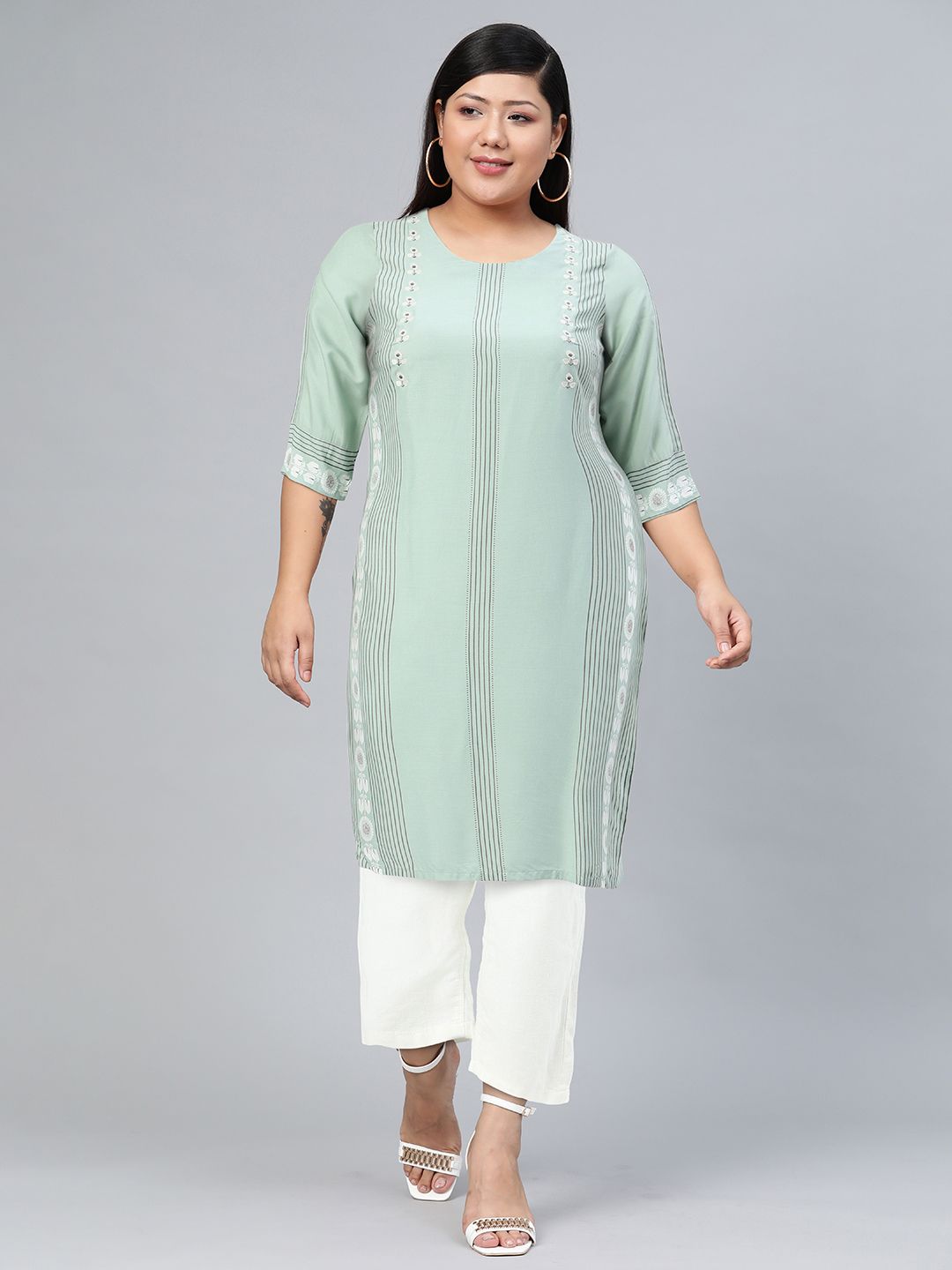 W Women Green Striped Thread Work Floral Viscose Rayon Kurta