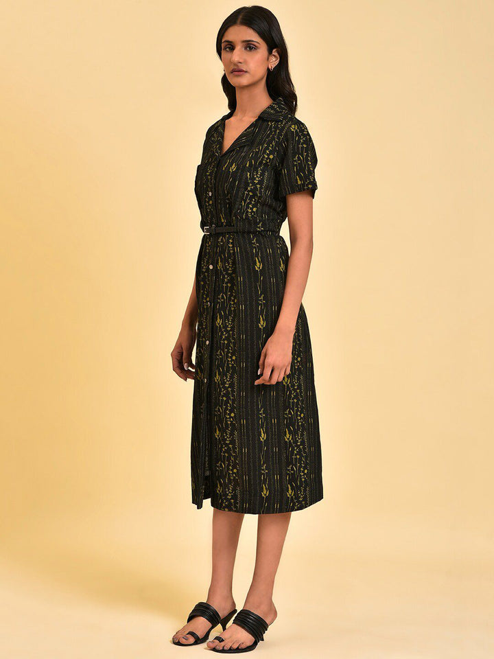 W Black Floral Printed Shirt Dress With Belt