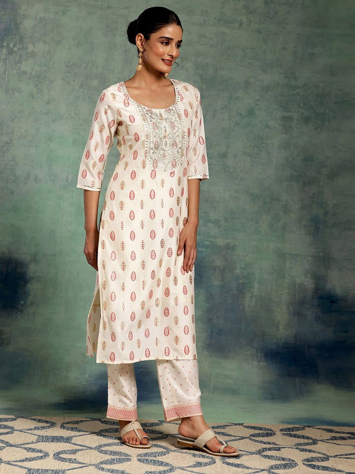 Libas White Floral Printed Thread Work Straight Kurta With Palazzos & Dupatta
