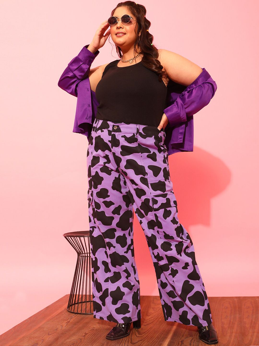 CURVY STREET Women Plus Size Lavender Printed Relaxed Straight Leg Pure Cotton Trousers