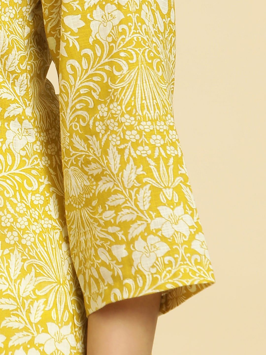 W Yellow Floral Printed Keyhole Neck Gotta Patti Cotton A-Line Kurta