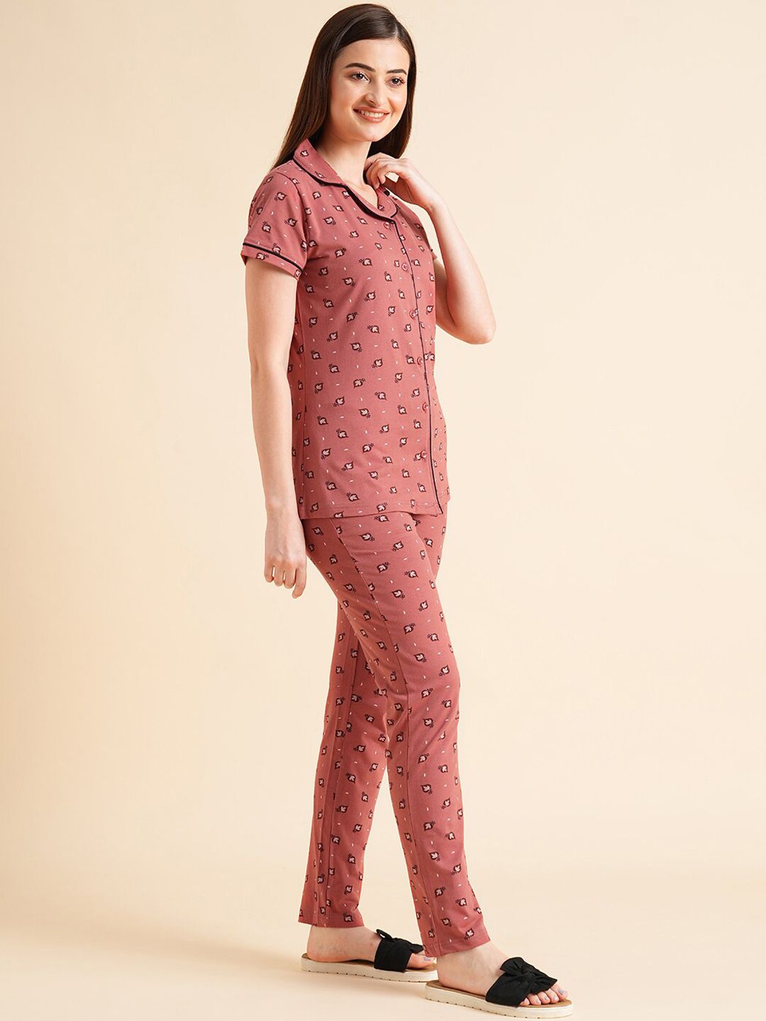 Sweet Dreams Peach-Coloured & White Floral Printed Pure Cotton Night Suits