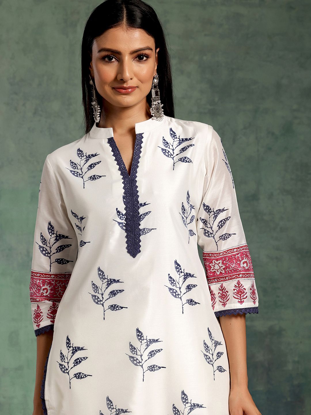 Libas White Floral Printed Gotta Patti Straight Kurta With Trousers & Dupatta