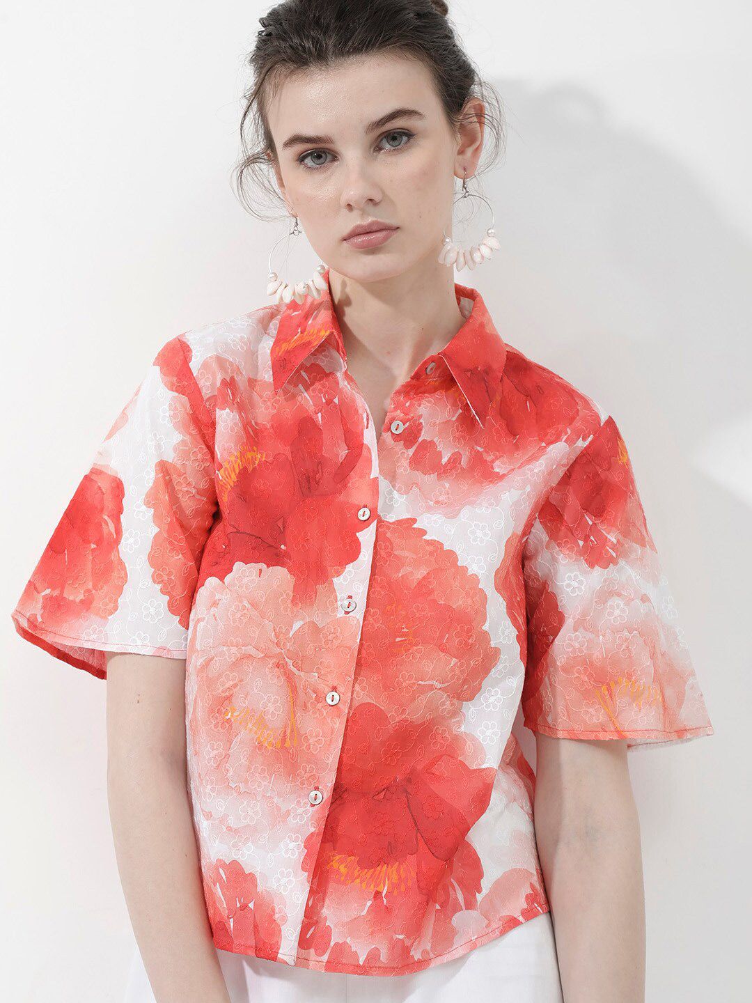 RAREISM Floral Printed Shirt Style Cotton Top