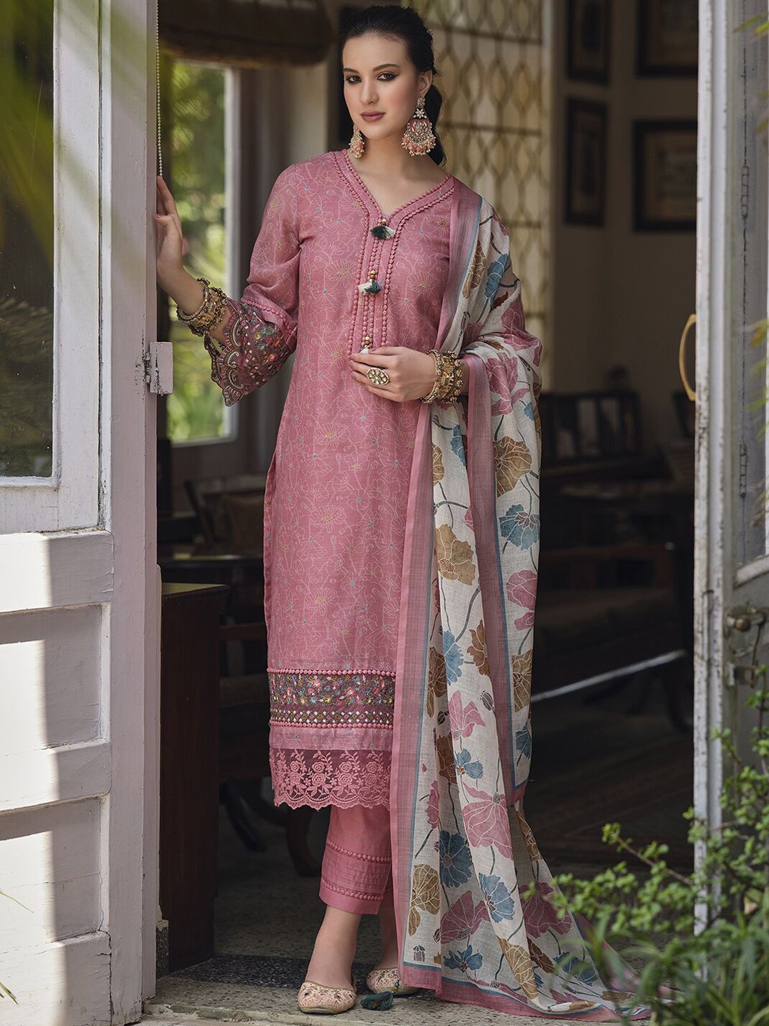 Indo Era Pink & Blue Floral Printed Thread Work Linen Kurta Set