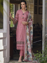 Indo Era Pink & Blue Floral Printed Thread Work Linen Kurta Set
