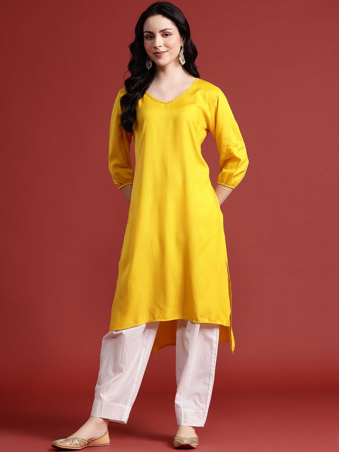 Anouk V-Neck Solid High-Low Kurta