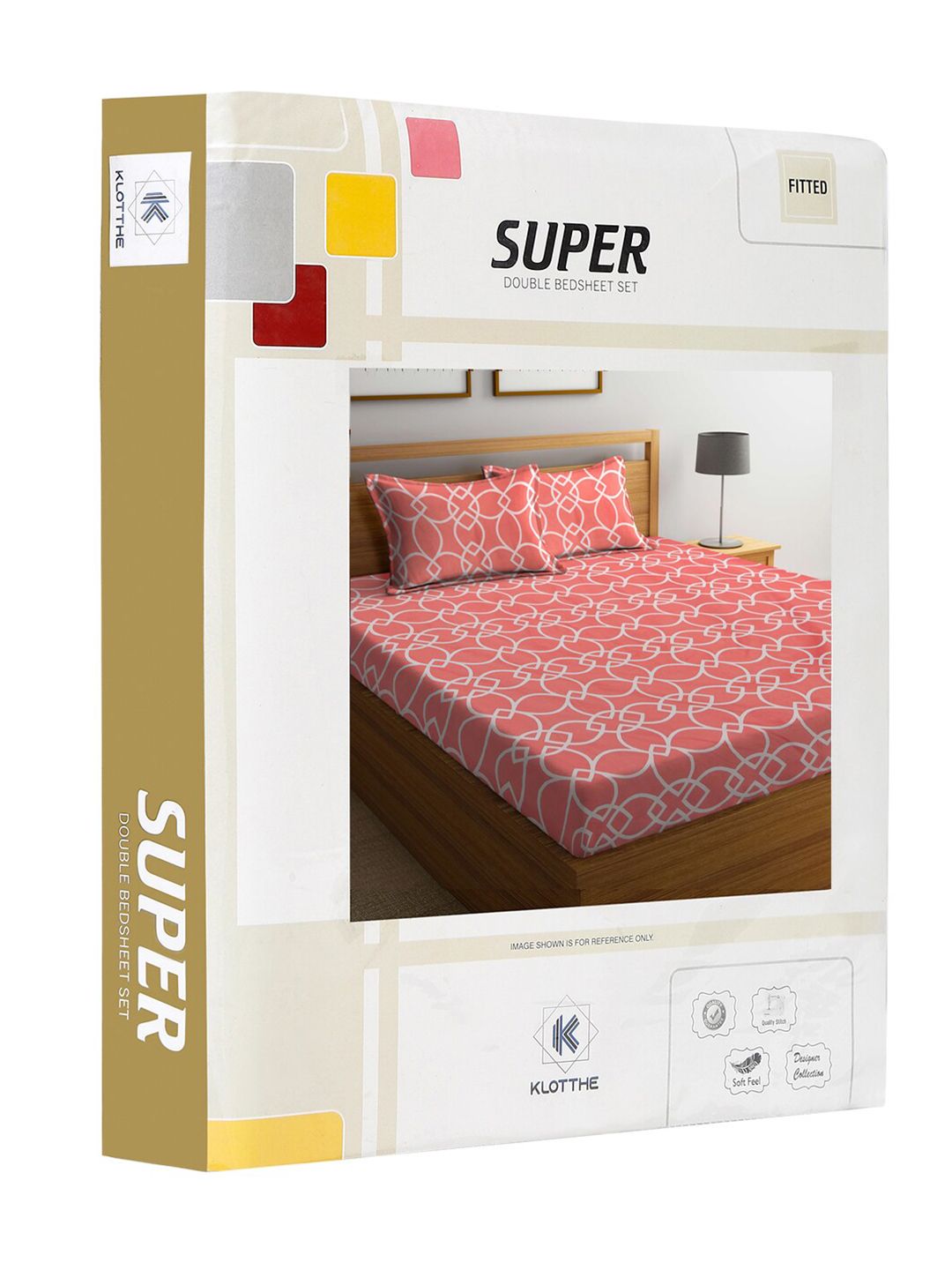 KLOTTHE Fitted_Sbs_Kidze Coral Geometric Cotton 300 TC Fitted King Fine Bedsheet with 2 Pillow Covers-250 x 220 cm