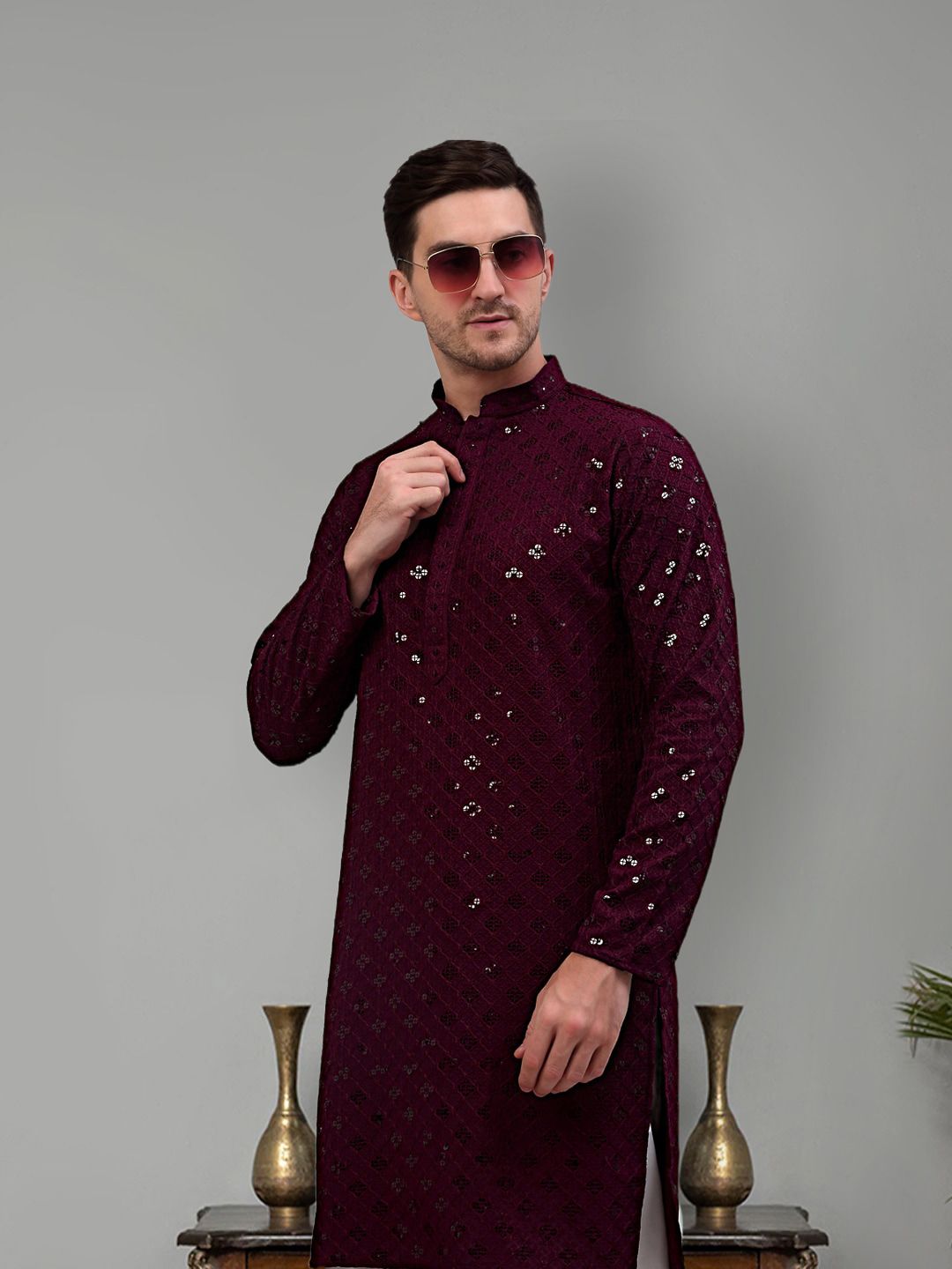Jompers Ethnic Motif Embroidered Mandarin Collar Sequinned Pure Cotton Kurta with Trousers