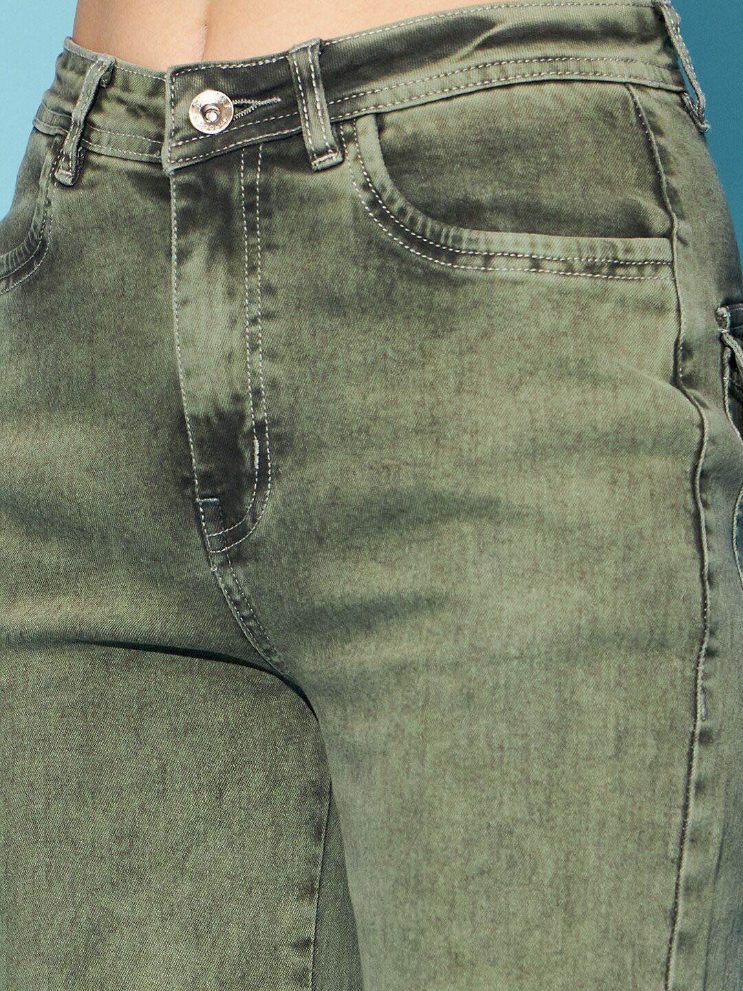 STREET 9 Women Green Heavy Fade Clean Look High-Rise Pure Cotton Wide Leg Cargos