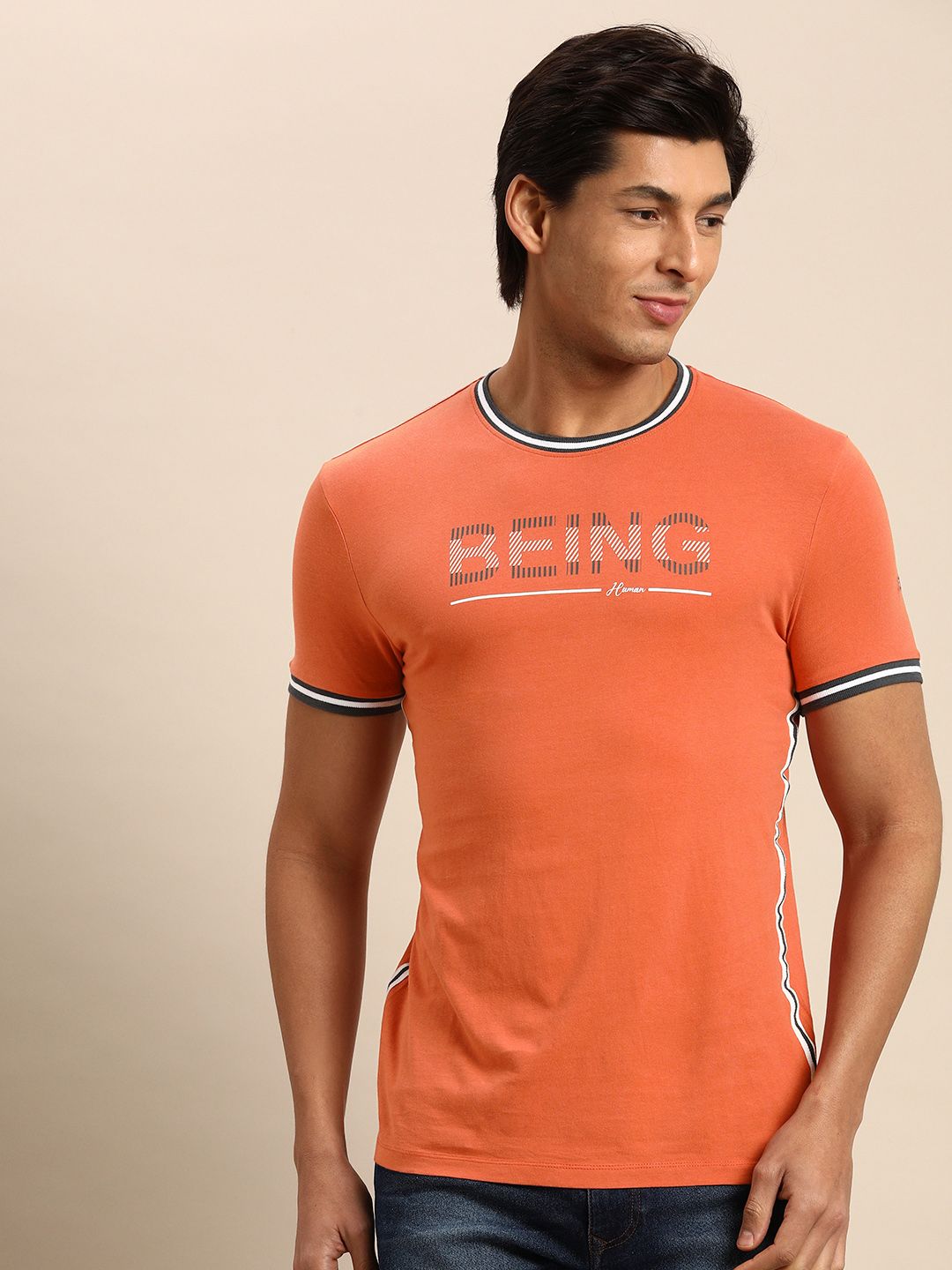 Being Human Men Rust Orange Brand Logo Printed Pure Cotton T-shirt
