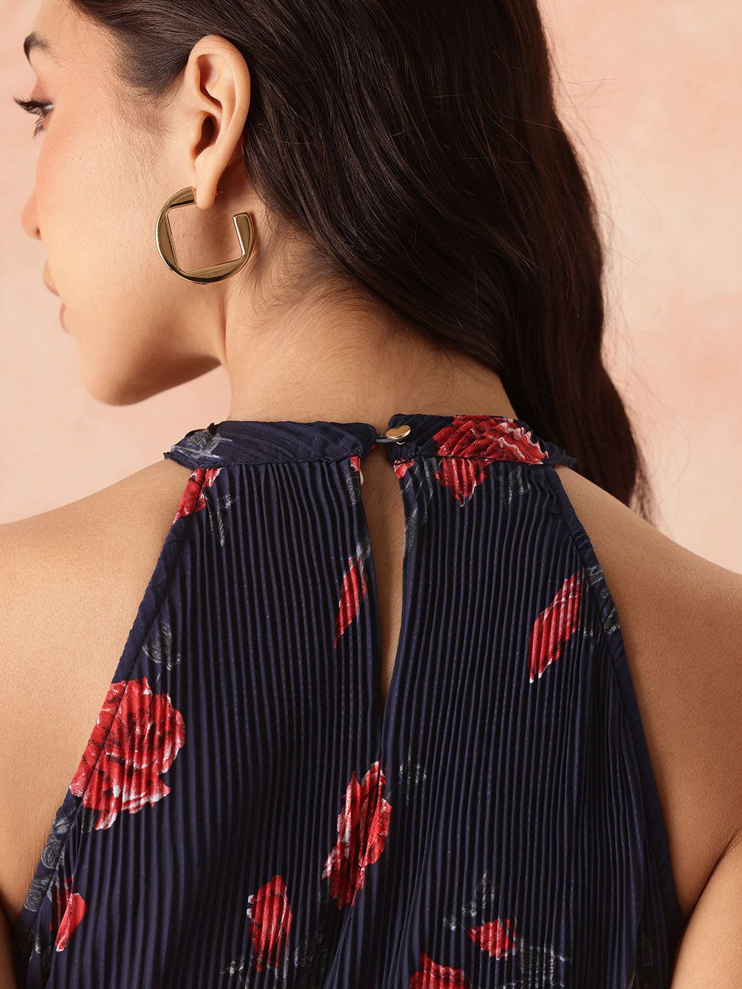 all about you Floral Print Halter Neck Accordion Pleats Fit & Flare Midi Dress