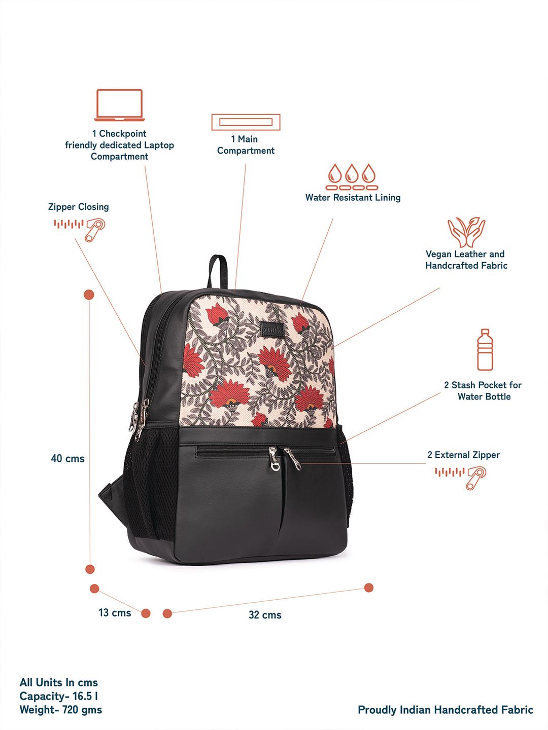 ZOUK Women Floral Printed Vegan Leather Backpack With Compression Straps-Up to 16 inch