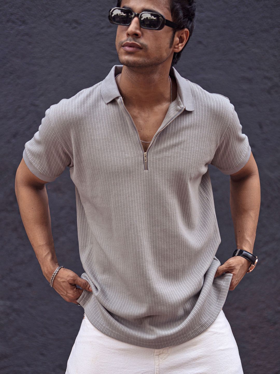 Powerlook Men Self Design Zip Closure T-shirt