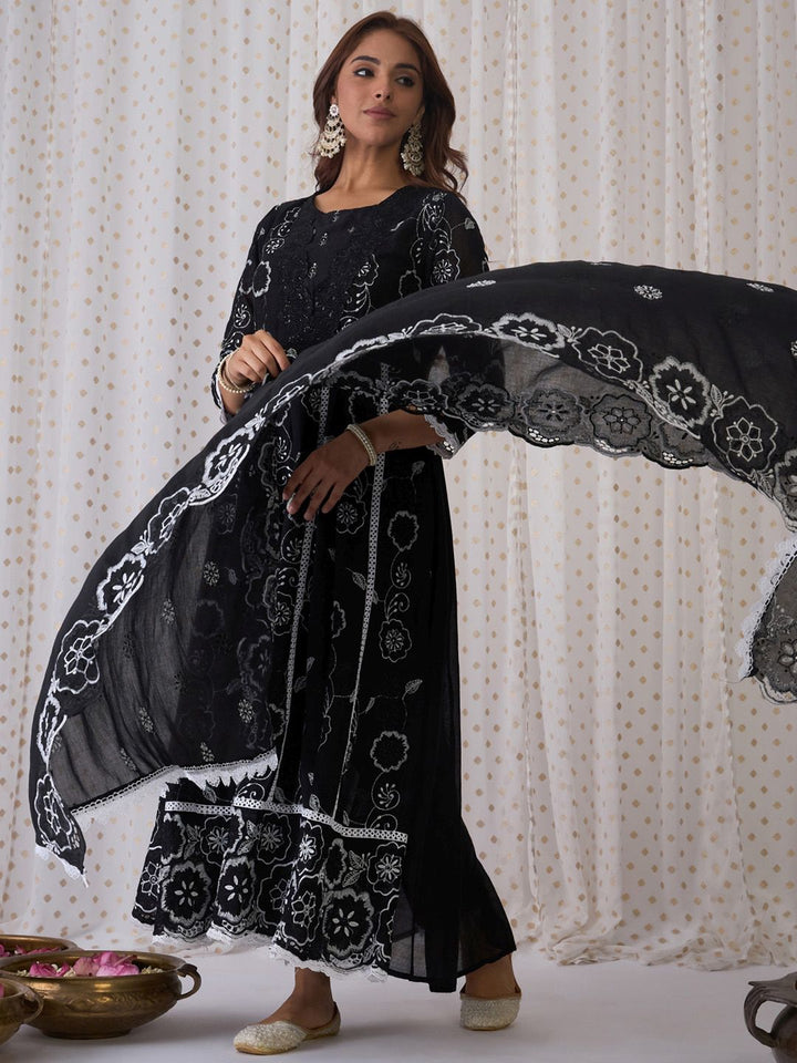 Indo Era Floral Embroidered Panelled Pure Cotton A-Line Kurta With Trouser & Dupatta