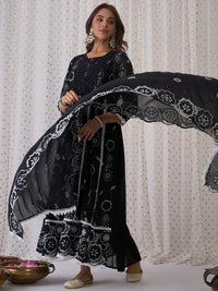Indo Era Floral Embroidered Panelled Pure Cotton A-Line Kurta With Trouser & Dupatta