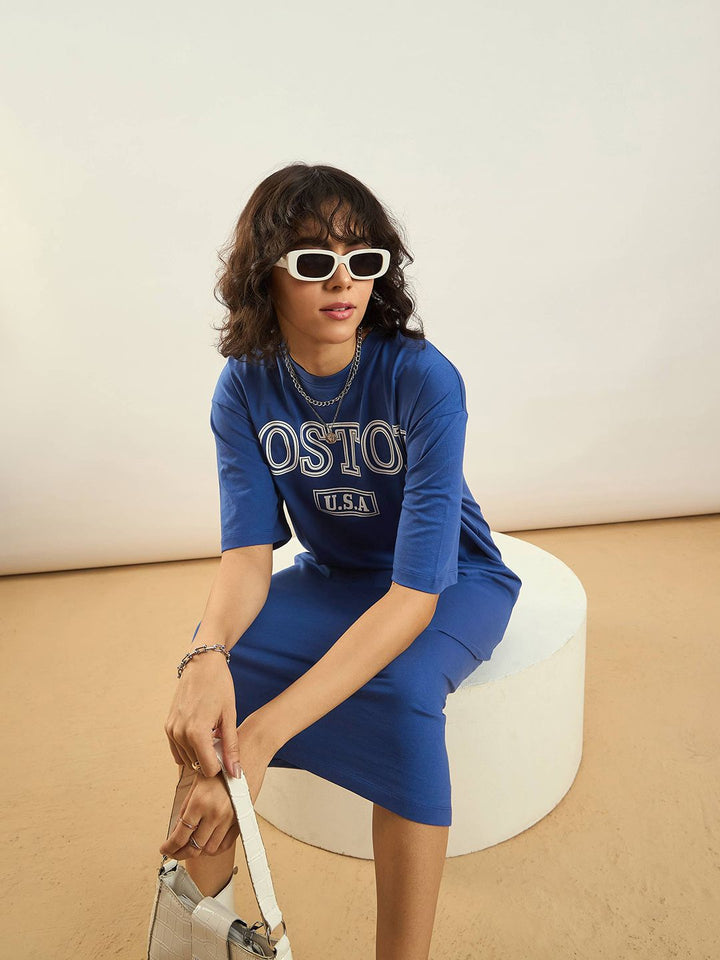 SASSAFRAS Blue Typographic Printed Pure Cotton Oversized T-shirt Dress