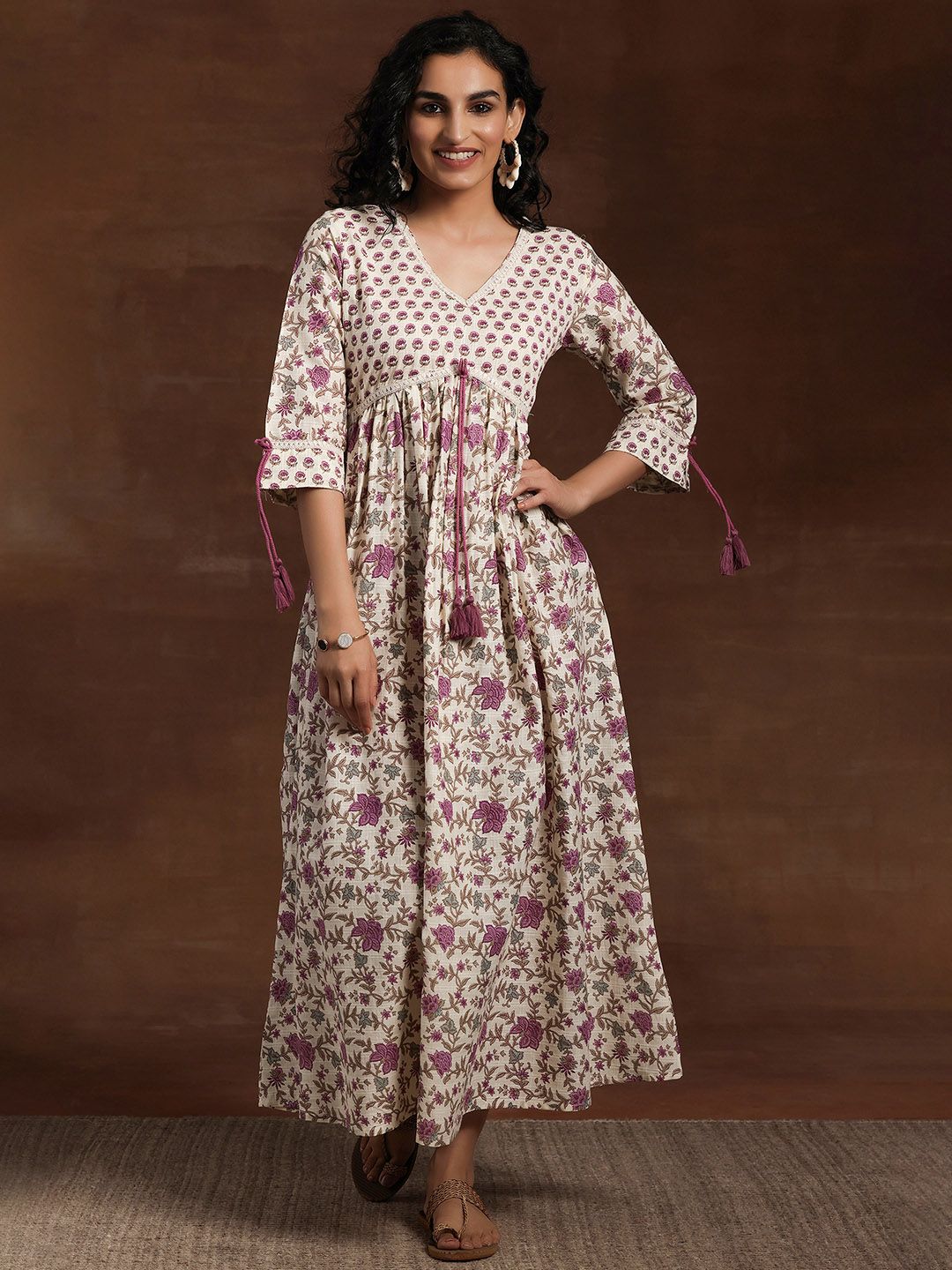 Libas Floral Printed V Neck Cotton Maxi Fit & Flare Dress