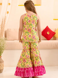 pspeaches Girls Floral Printed Pure Cotton Kurta With Sharara & With Dupatta