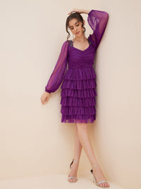 Antheaa Puff Sleeve Layered Net Fit & Flare Dress