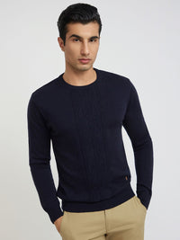 Raymond Men Navy Blue Solid Cable Knit Pullover