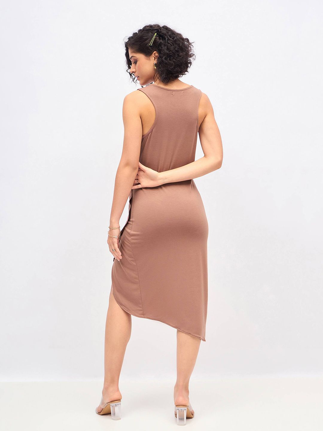 SASSAFRAS Brown Ruffled Asymmetric Sheath Midi Dress